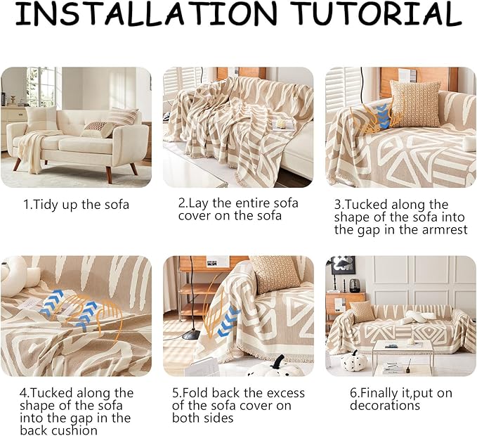 HANDONTIME Sofa Covers for Sectional Sofa Set Boho Couch Cover for Dogs Khaki Throw Couch Cover with Tassel Loveseat Covers Futon Cover L Shaped Cover Washable Chenille Couch Protector, 91" X118"