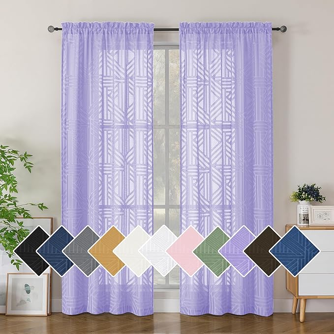 Simplebrand Lavender Sheer Curtains 72 Inch Length 2 Panels for Living Room, Light Filtering Geometric Jacquard Clip Textured Rod Pocket Semi Sheer Curtains for Front Back Patio Glass Door，42x72 inch