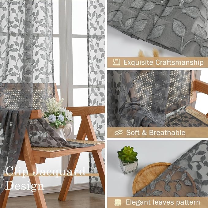 Chyhomenyc Charcoal Grey Sheer Curtains 90 Inch Length 2 Panels Set, Light Filtering Tufted Textured Soft Airy Rod Pocket Gentle Leaf Window Treatment Drapes for Bedroom Living Room, 42" Wx90 L, 2PCS