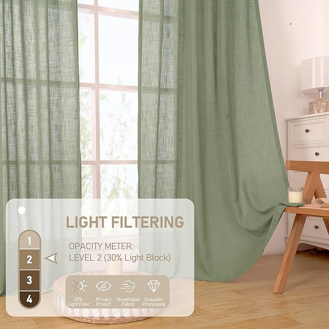 LAMIT Short Linen Window Curtains 30 Inches Long 2 Panels, Sage Green Semi Sheer Light Filtering Panels Back Tab and Rod Pocket Neutral Drapes for Basement/Small Windows, 34 x 30 Inch