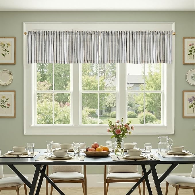 jinchan Linen Striped Valance Window Treatment for Bathroom Living Room Light Filtering Ticking Stripe Farmhouse Valance Curtain 16 Inch Rod Pocket 1 Panel Black on Linen