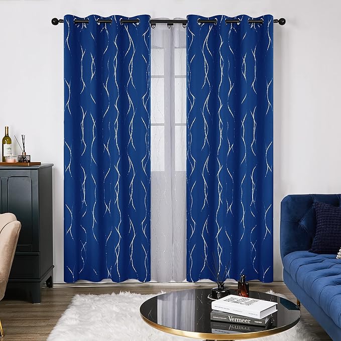 Deconovo Blackout Curtains, Thermal Insulated Noise‑Reducing Drapes, Wave Line Dot Foil Print, 52 x 84 Inch Long, 2 Panels, Machine‑Washable Window Curtains for Bedroom Living Room Kitchen Office