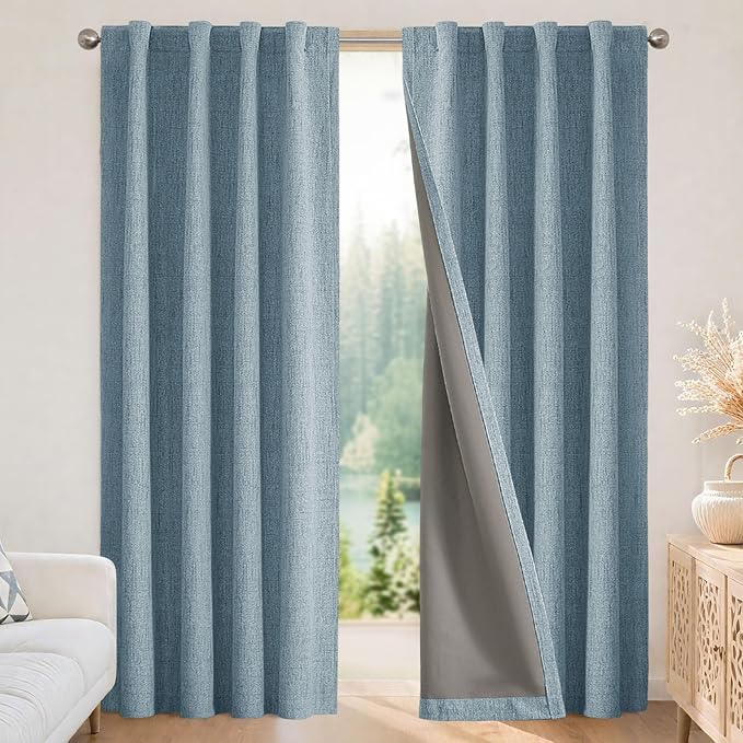 Joydeco Blackout Curtains for Bedroom - 100% Light Blocking 2 Panels Sky Blue Drapes 42" W x 96" L, Thermal Insulated Room Darkening Curtains, Linen Textured for Living Room, Rod Pocket & Back Tabs