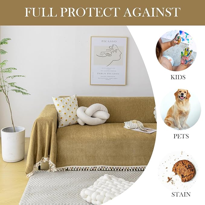 HANDONTIME Couch Covers for Pets Boho Mustard Yellow Love Seat Couch Covers Brown Sofa Cover for Dogs Pet Couch Protector Chenille Tassel Sofa Slipcovers Sofa Throw Cover Boho Decor, 91" X150"