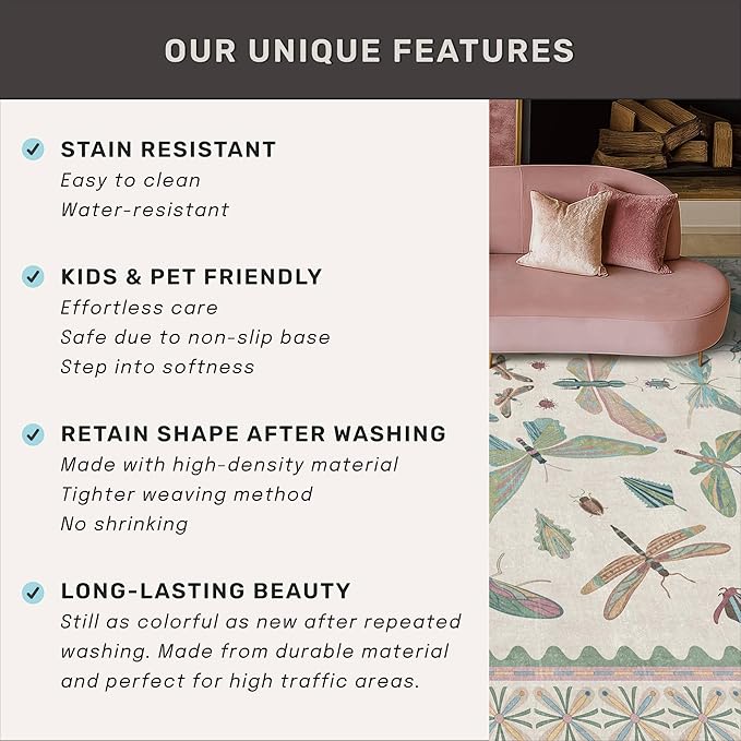 Hazo Haus Washable Non Slip Bathroom Runner Rug 2x5, Insect Boho Bath Mat, Stain Resistant Low Pile Butterfly Insect Print Rugs for Laundry Room, Powder Room, Beige Green