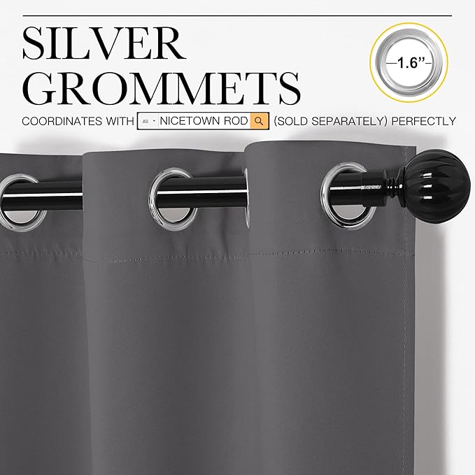 NICETOWN Bedroom Blackout Curtains Panels, 1 Pair, 52 inches by 92 Inch, Grey, Triple Weave Energy Saving Thermal Insulated Solid Grommet Blackout Draperies for Patio