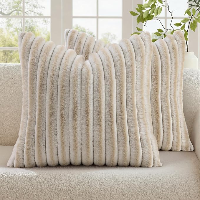 decorUhome Summer Cozy Faux Fur Throw Pillow Covers 16x16 Set of 2 Decorative Soft Plush Striped Modern Farmhouse Boho Couch Pillow Cases with Velvet Back for Sofa Bed Living Room, Beige White