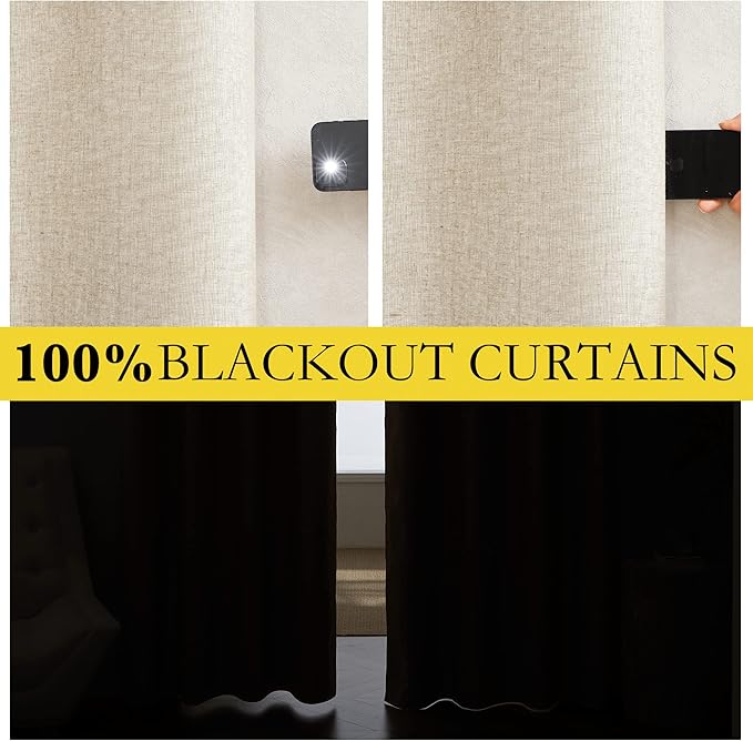 NICETOWN 100% Absolutely Blackout Linen Curtains with Thermal Insulated White Liner, 52" W, 2 PCs, Beige, 120" Long Drapes Sweep The Floor Decorative Keep Privacy Panels for Living Room/Villa/Bedroom