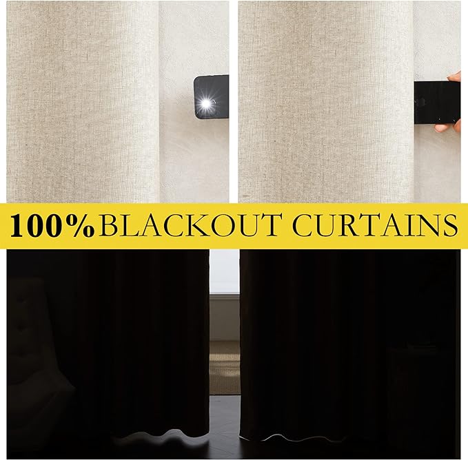 NICETOWN 100% Blackout Linen Texture Curtains 90 inches Long, Beige, 2 Panels, Thermal Insulated Full Blackout 2-Layer Lined Drapes, Energy Efficiency Window Draperies for Boy's Room