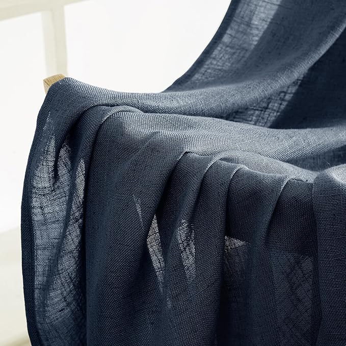 MIULEE Navy Blue Linen Curtains 63 Inch Length 2 Panels for Bedroom Living Room, Soft Thick Linen Textured Natural Kitchen Window Drapes Semi Sheer Light Filtering Back Tab Rod Pocket Burlap Look