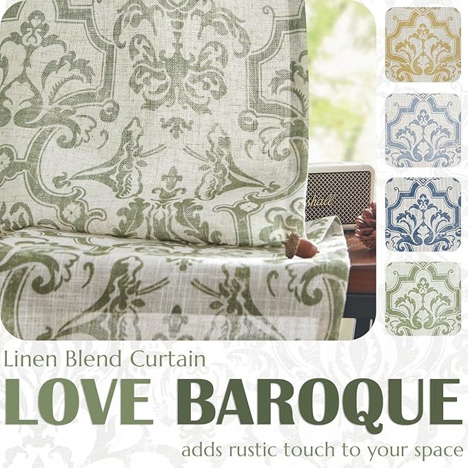 jinchan Linen Valance Curtain for Kitchen Vintage Damask Floral Blackout Valance Double Layer Small Window Curtain for Living Room Bedroom Bathroom 18 Inch Rod Pocket 1 Panel Sage Green on Beige