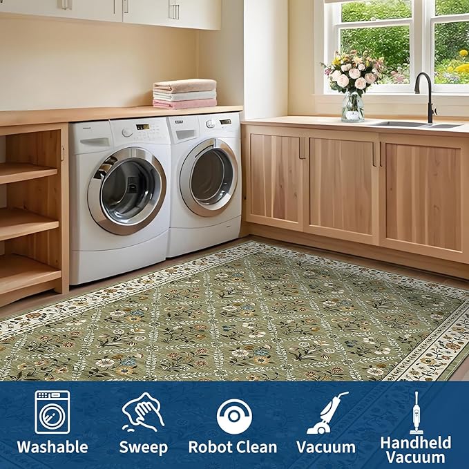 Large Entryway Rug 3x5 Floral Washable Area Rugs Vintage Soft Non-Slip Small Floor Carpet Doormat Stain Resistant Low-Pile Ultra-Thin Entry Mat for Bedside Kitchen Green
