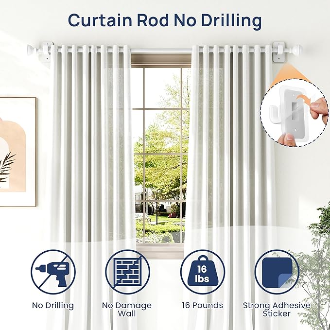 ENJOYBASICS No Drill Curtain Rods for Window 28 to 47 Inches, 5/8 Inch Diameter Renter Friendly Drapery Rod with Adhesive Brackets without Drilling, Adjustable from 27 to 52 Inches, White