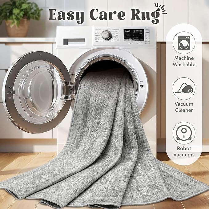 Washable Area Rug 5x7: Moroccan Rug for Living Room Geometric Boho Rug Farmhouse Non Slip Stain Resistant Rugs Low Pile Soft Carpet for Bedroom Dining Room Home Office Children Room (Grey,5'x7')