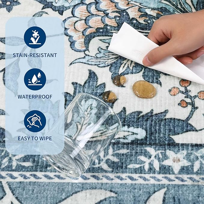 GarveeHome Provence 5x7 Area Rugs, Botanical Grove Vintage Cottagecore Non-Slip Washable Rug for Bedroom Living Room Nursery Kitchen Low-Pile Carpet Retro Blue