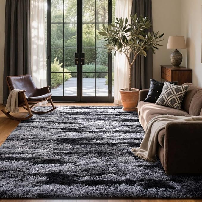 4x6 Ft Shag Rugs for Bedroom Living Room, Tie-Dyed Ultra Soft Fluffy Furry Area Rugs for Indoor Floor, Aesthetic Carpet for Kids Home Decor (Black)