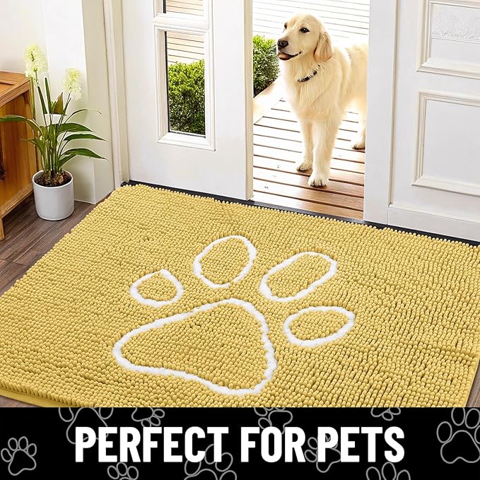 Smiry Dog Door Mat for Muddy Paws, Absorbent Dirt Trapper Non Slip Quick Dry Washable Chenille Mat for Mud Dogs, Entry Rug for Indoor and Outdoor (30x20 Inches, Yellow and White)