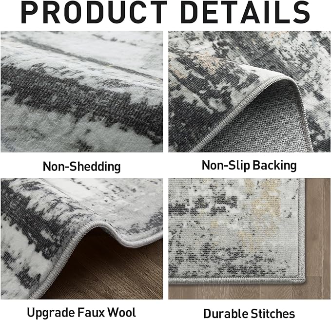 4x6 Area Rugs Washable Rug: Modern Abstract Living Room Rug Soft Anti-Skid Thin Carpet Indoor Floor Non-Shedding Carpets for Bedroom Dining Room Farmhouse Nursery Home Office Black Grey Gold