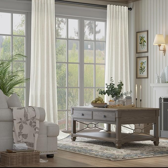 Natural Linen Bedroom Curtains 63 Inch Length 2 Panels Back Tab Rod Pocket Sheer Light Filtering Semi Transparent Lightweight Ivory Cream Colored Curtain for Living Room Sand Beach Farmhouse Off White