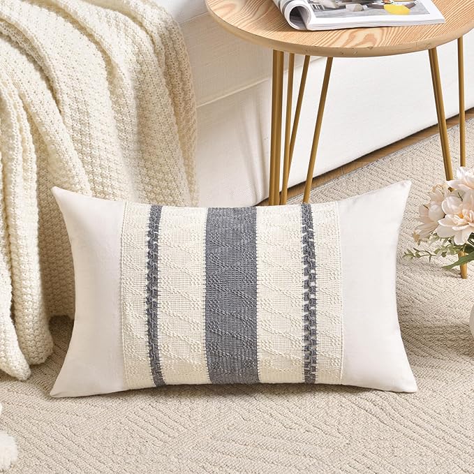 Fancy Homi Set of 1 Neutral Grey Farmhouse Long Lumbar Decorative Throw Pillow Covers 12x24 Inch for Couch Bed Chair, Vintage Country Rustic Retro Room Decor, Soft Thick Cotton Rectangle Cushion Case