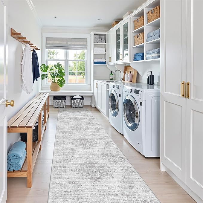 2x10 Runner Rug, Long Hallway Rugs for Dining Room, Living Room, Bedroom, Machine Washable Kitchen Carpet Runner with Rubber Backing, Soft Low Pile Indoor Rug(2'x10', Light Grey/White)
