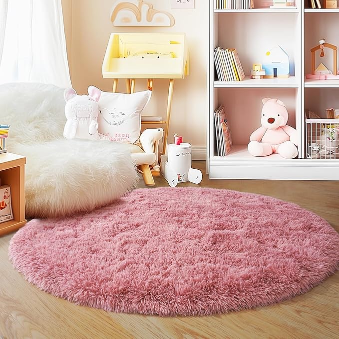 5'x5' Blush Round Rugs for Girls Bedroom, Ultra Soft Fluffy Circle Rug for Kids Room, Cute Shag Rugs for Living Room Playroom Tent Castle Home Decor Rug