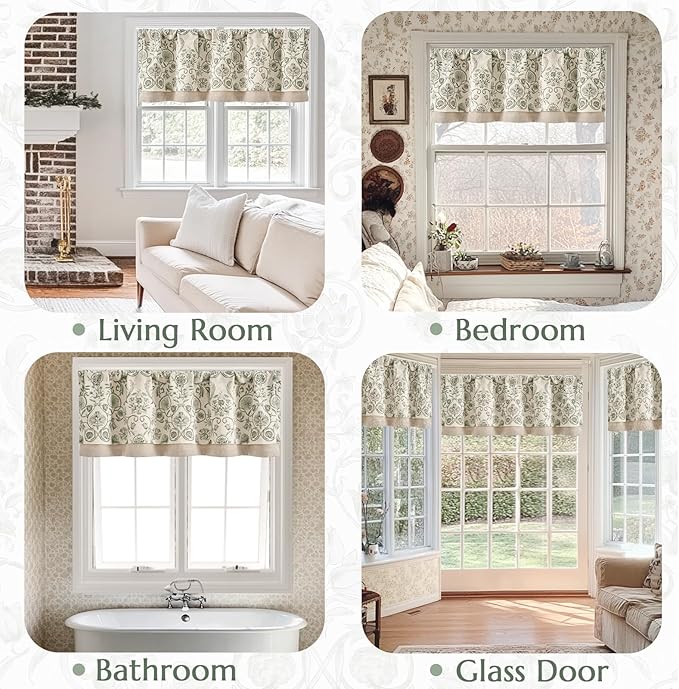 jinchan Linen Valance Kitchen Curtain for Windows Double Layer 16 Inch for Living Room Bedroom Window Treatment Light Filtering Vintage Rustic Farmhouse Cottagecore Rod Pocket 1 Panel Green on Beige