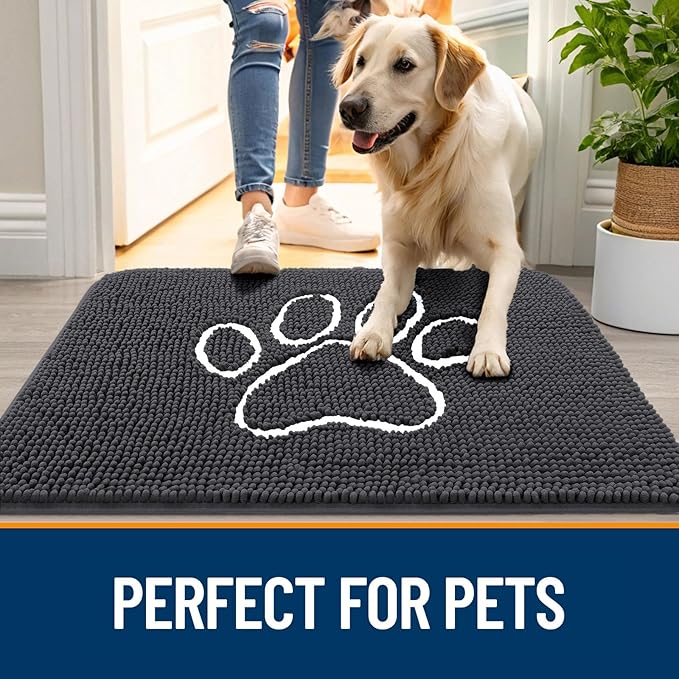 OLANLY Dog Door Mat for Muddy Paws 47x17, Paw Print Design, Absorbs Moisture and Dirt, Absorbent Non-Slip Washable Doormat, Quick Dry Chenille Mud Mat for Dogs, Entry Indoor Entryway Carpet, Dark Grey