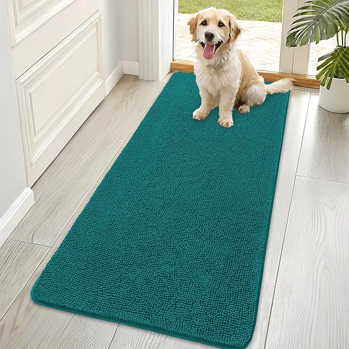 OLANLY Dog Door Mat for Muddy Paws 70x35, Absorbs Moisture and Dirt, Absorbent Non-Slip Washable Doormat, Quick Dry Chenille Mud Mat for Dogs, Entry Indoor Entryway Carpet for Inside Floor, Lake Blue