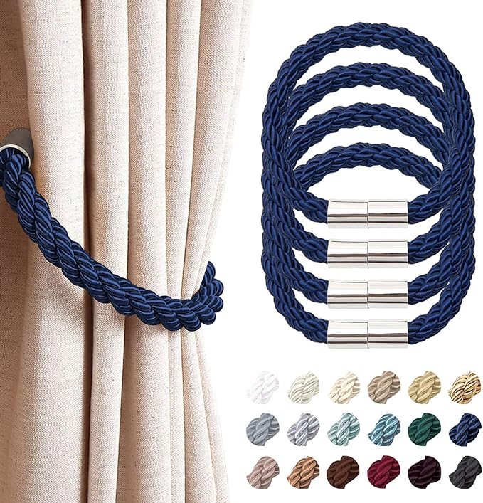 NICEEC 4 Pack Strong Magnetic Curtain Tiebacks Modern Simple Style Drape Tie Backs Convenient Decorative Weave Rope Curtain Holdbacks for Thin or Thick Home & Office Window Draperies (Royal Blue)