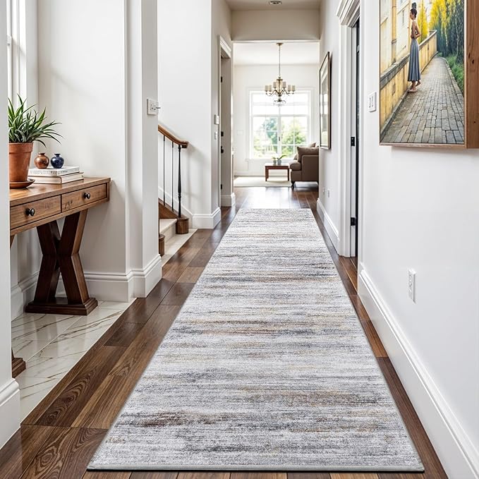 2x12 Washable Runner Rugs for Hallway: Long Abstract Runners for Entryway Dining Room Office - Stain and Water Resistant Rugs with Non-Slip Backing - Soft Low-Pile Carpet Beige Grey