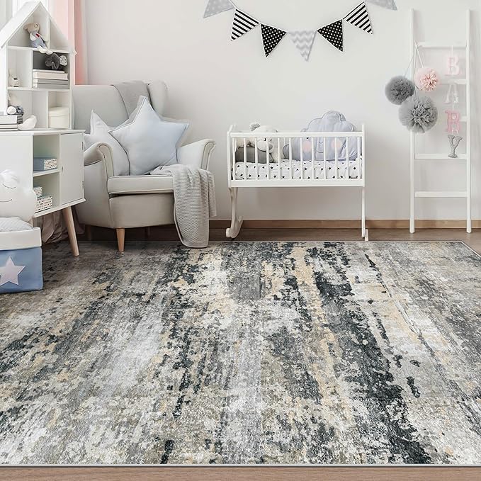 Area Rugs 5x7 for Living Room: Washable Rug Modern Abstract Neutral Soft Non-Slip Low-Pile Indoor Carpet for Bedroom Dining Room Playroom Home Office (Black Grey Brown, 5'x7')