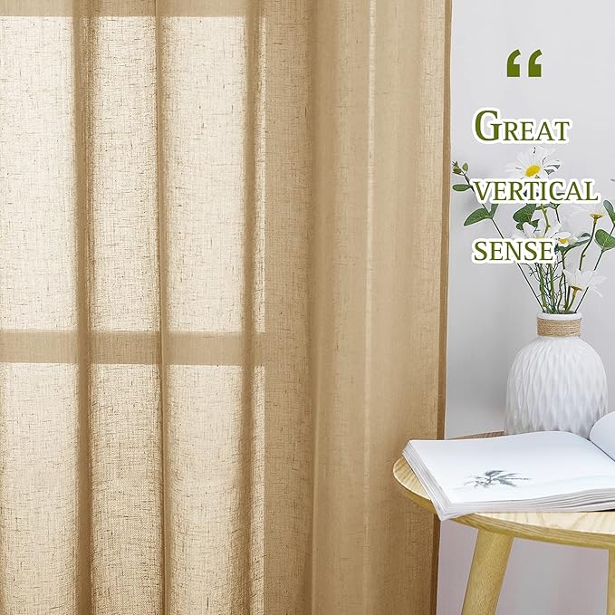NICETOWN Linen Blend Flax Sheer Window Curtains, Ring Top Semi Sheer Drapes Privacy with Light Through Window Treatments for Bedroom/Kids Room, Camel, 52" Wide by 63" Long, 2 Pieces