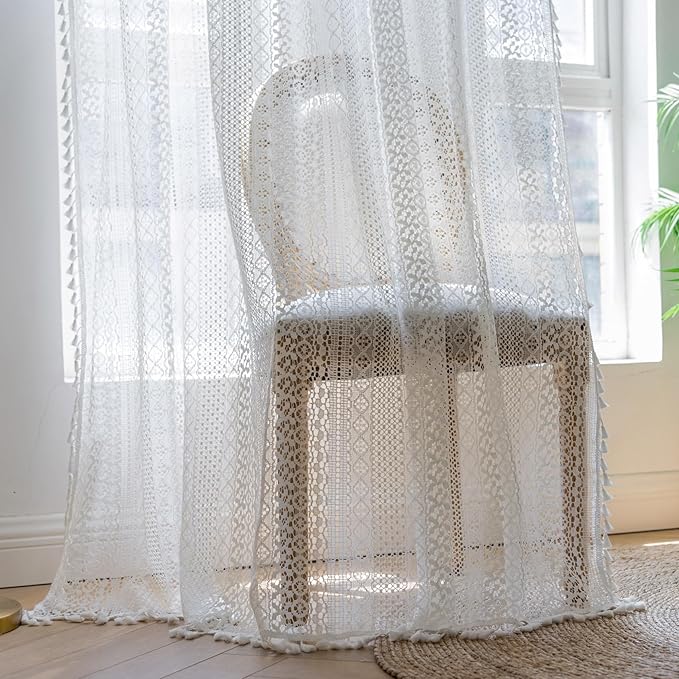 WAZZIO Boho Lace Curtains 45 Inches 2 Panel,Light Filtering Privacy Tassel & Geometry Crochet Semi Sheer Curtain Drapes for Bedroom Living Dining Room,Rod Pocket & Tassel,Victorian Decor,Off White