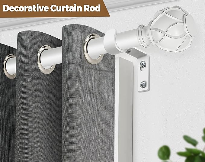 KAMANINA Curtain Rods for Windows 48 to 84 Inch, White Single Heavy Duty Curtain Rod Adjustable, 7/8 Inch Decorative Drapery Rod 32 to 86 Inch(2.6-7.1Ft), Netted Texture End