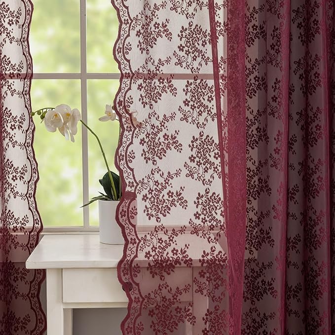 YJ YANJUN Vintage Lace Curtains 45 Inch Length-Victorian Floral Pattern Burgundy Sheer Curtain Panels for Kitchen Bathroom Laundry Room Small Windows Light Filtering 2 Panels 52W x 45L Red Wine