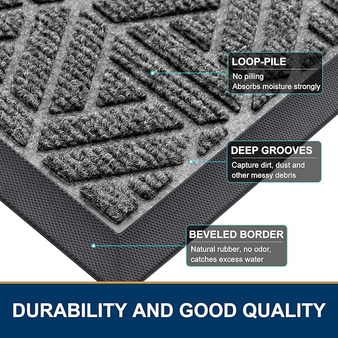 Smiry Front Door Mat Outside Entrance, Heavy Duty Sturdy Natural Rubber Doormat, Trap Dirt and Moisture, Easy Clean Low Profile Mats for Indoor Outdoor Entry, Grid Geometric (29.5x17, Silver Grey)