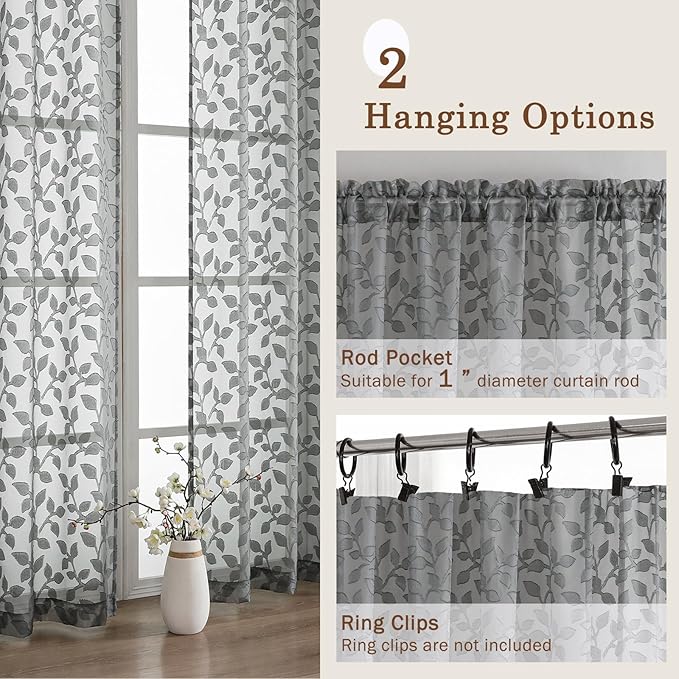 Chyhomenyc Charcoal Grey Sheer Curtains 96 Inch Length 2 Panels Set, Light Filtering Tufted Textured Soft Airy Rod Pocket Gentle Leaf Window Treatment Drapes for Bedroom Living Room, 52" Wx96 L, 2PCS