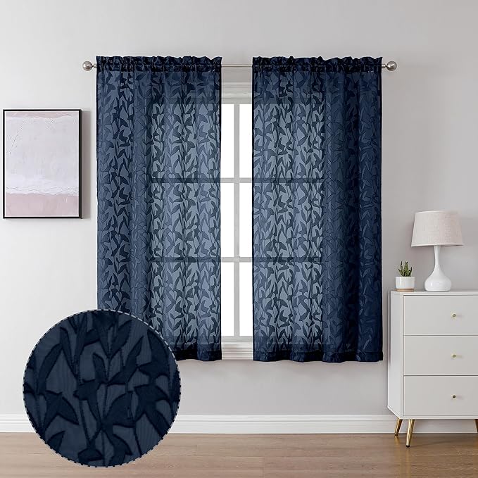 Lecloud Leia Clip Textured Navy Blue Sheer Curtains 54 Inch Length 2 Panels, Double Rod Pocket Window Living Room Curtain, Semi Voile Jacquard Leaf Farmhouse Kitchen Bedroom Drapes, 38x54 Inches