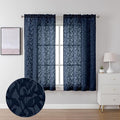 Lecloud Leia Clip Textured Navy Blue Sheer Curtains 54 Inch Length 2 Panels, Double Rod Pocket Window Living Room Curtain, Semi Voile Jacquard Leaf Farmhouse Kitchen Bedroom Drapes, 38x54 Inches