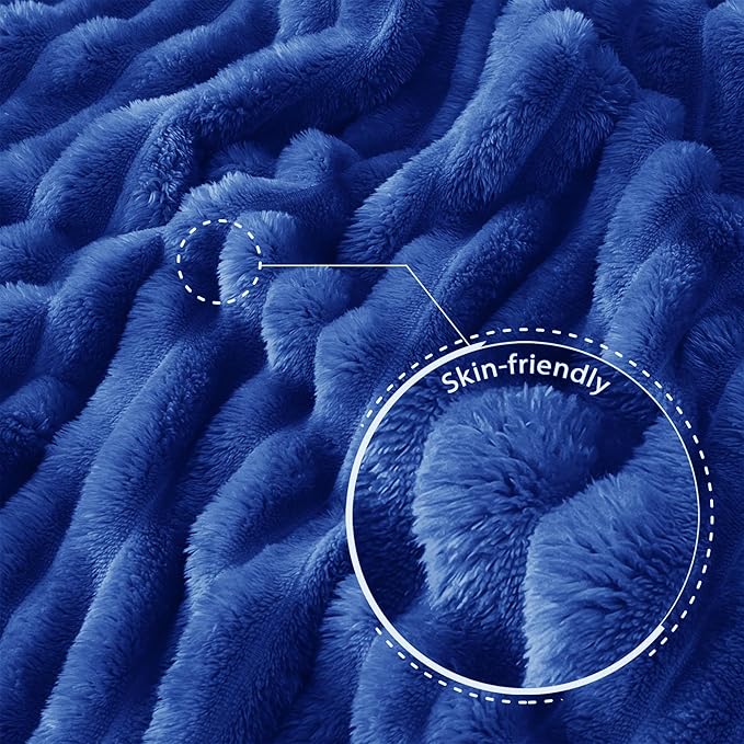 Exclusivo Mezcla Fleece Throw Blanket for Couch, Super Soft Striped Jacquard Bed Blanket, Lightweight Fuzzy Cozy for All Seasons, 50x60 Inches, Cobalt Blue