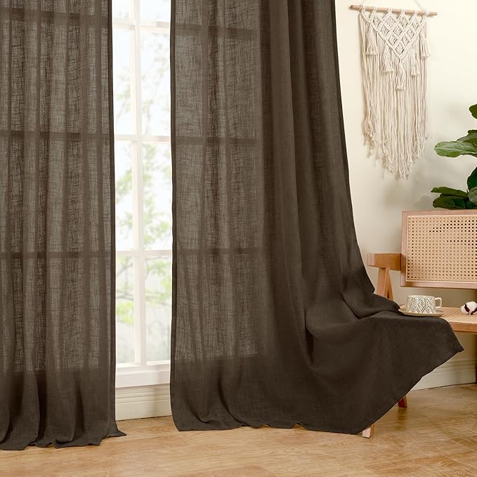 LAMIT Dark Brown Linen Curtains 54 Inch Length 2 Panels, Light Filtering Panels Back Tab and Rod Pocket Neutral Drapes for Bathroom/Window/Bedroom, 52 x 54 Inch