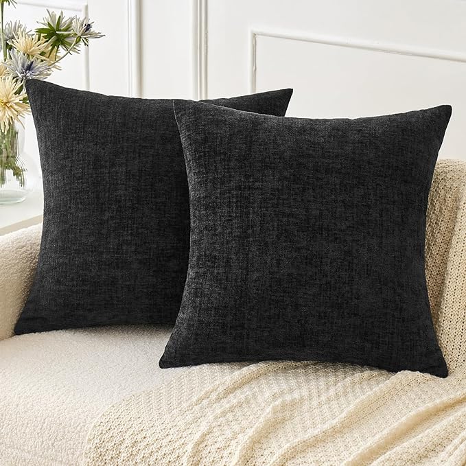 MIULEE Halloween Pack of 2 Couch Throw Pillow Covers 20x20 Inch Soft Black Chenille Pillow Covers for Sofa Living Room Solid Dyed Pillow Cases