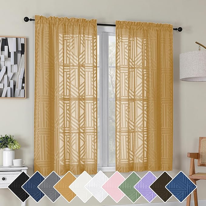 Simplebrand Gold Semi Sheer Curtains 45 Inch Length 2 Panels, Geometric Jacquard Clip Textured Short Sheer Curtains for Bedroom，Modern Elegant Window Curtains Drapes/Treatment Sheer，42x45 inch