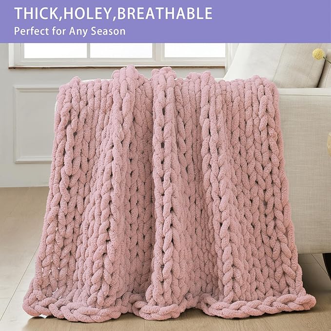 Bigacogo Chunky Knit Throw Blanket for Couch, 40x40 inches, 100% Hand Knitted with Thick Jumbo Chenille Yarn, Cozy Soft Large Rope Knot Cable Crochet Blankets for Sofa Bed Living Room, Dusty Pink