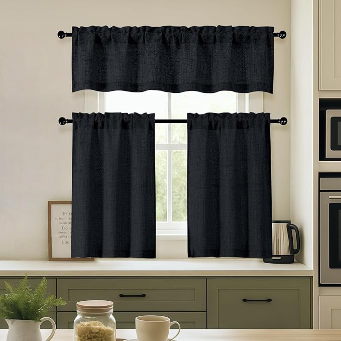 OVZME Black Valance for Windows, Light Filtering Faux Linen Textured Small Kitchen Valances for Windows, Dual Rod Pocket Farmhouse Short Curtain for Bathroom Basement, 60Wx22L inch, 1 Piece