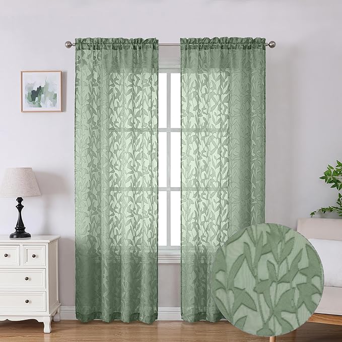 Lecloud Leia Living Room Sheer Curtains 84 Inches Long 2 Panels, Sage Green Leaves Jacquard Clip Voile Curtains with Dual Rod Pocket, Farmhouse Gauzy Curtain Drapes for Bedroom French Door, 38x84 Inch