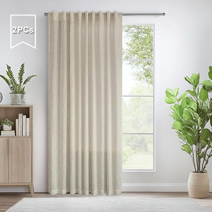 Pitalk 60 Inch Wide Curtains for Living Room 2 Panel Back Tab Pocket Drape Semi Sheer Burlap Linen Extra Large Boho Farmhouse Curtain for Bedroom Neutral Earth 5 FT Width by 9 FT Long 60x108 Tan Beige