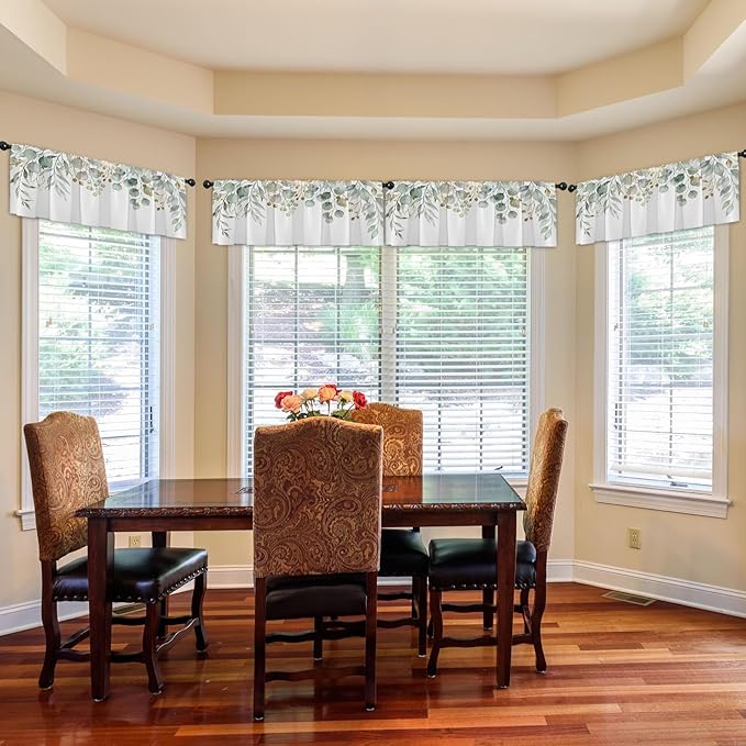 Emvency 4 Pack Valances Window Treatments, Green Eucalyptus Leaves Summer Blackout Adjustable Valances for Living Room Bathroom Bedroom Kitchen Over Sink, 52x18 Inch Rod Pocket