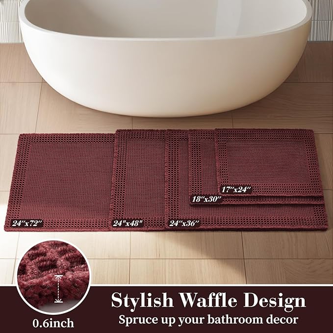 RESARE Waffle Bathroom Runner Rugs, Super Absorbent Bath Mat Non Slip Washable Quick Dry, Upgraded Ultra Soft Boho Bath Rugs with Tassels for Hallway Bedroom Laundry Room, 2'x4'(24"x48"), Dark Red
